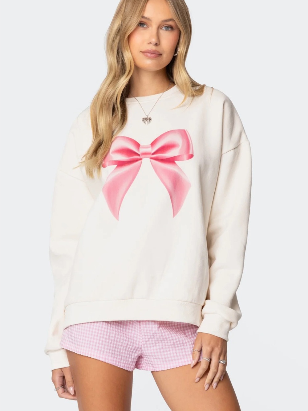 Edikted Cream Sweatshirt with Pink Bow Print, sz L, nwt🎀